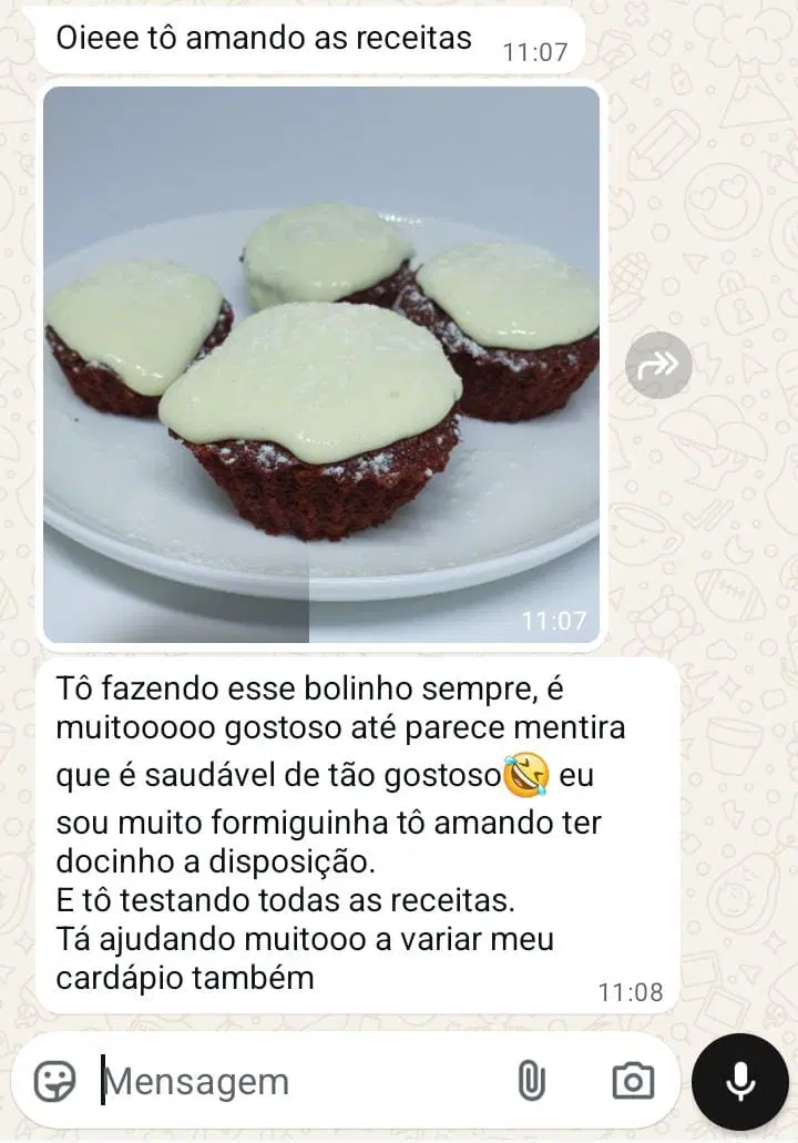 Depoimento no WhatsApp sobre bolinhos proteicos