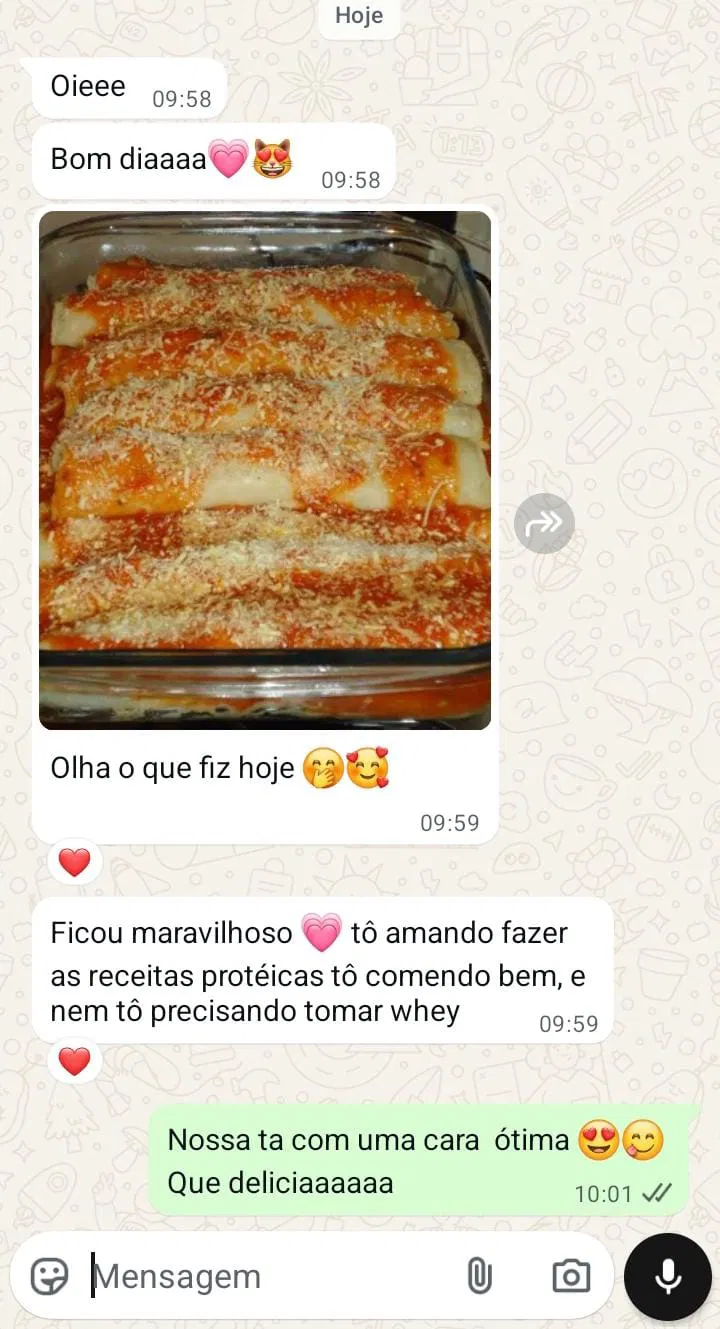 Depoimento no WhatsApp sobre panquecas proteicas