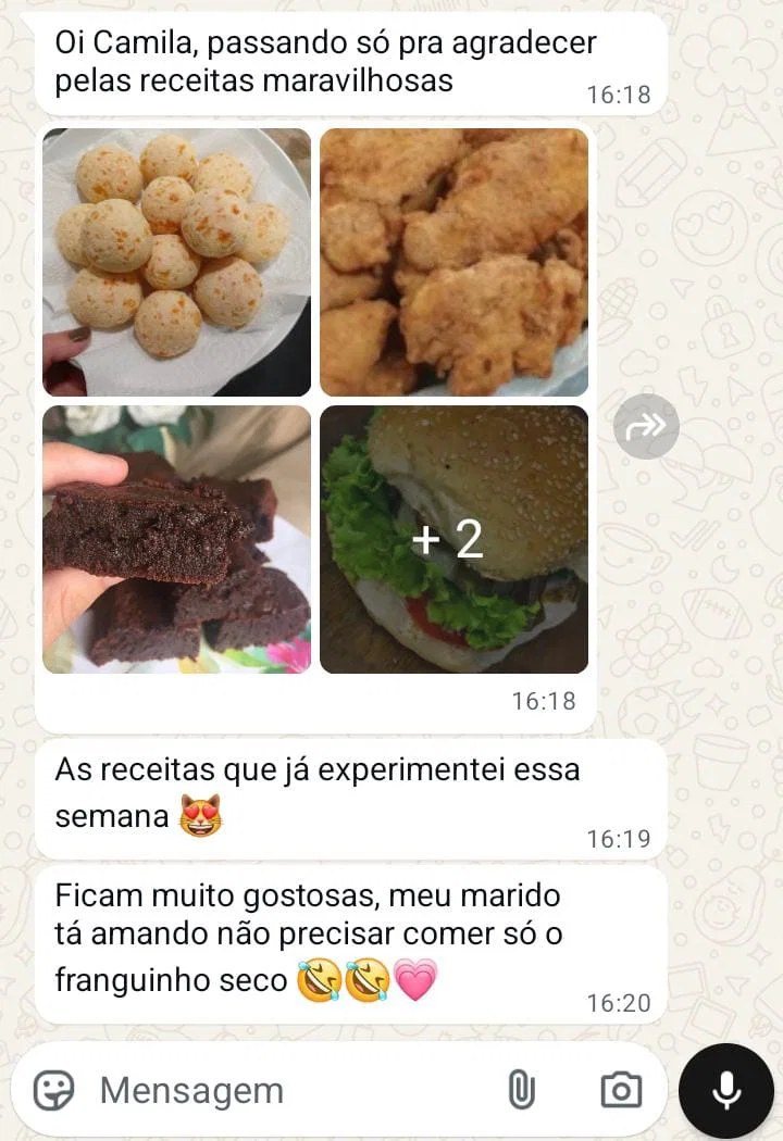 Depoimento no WhatsApp com várias receitas testadas